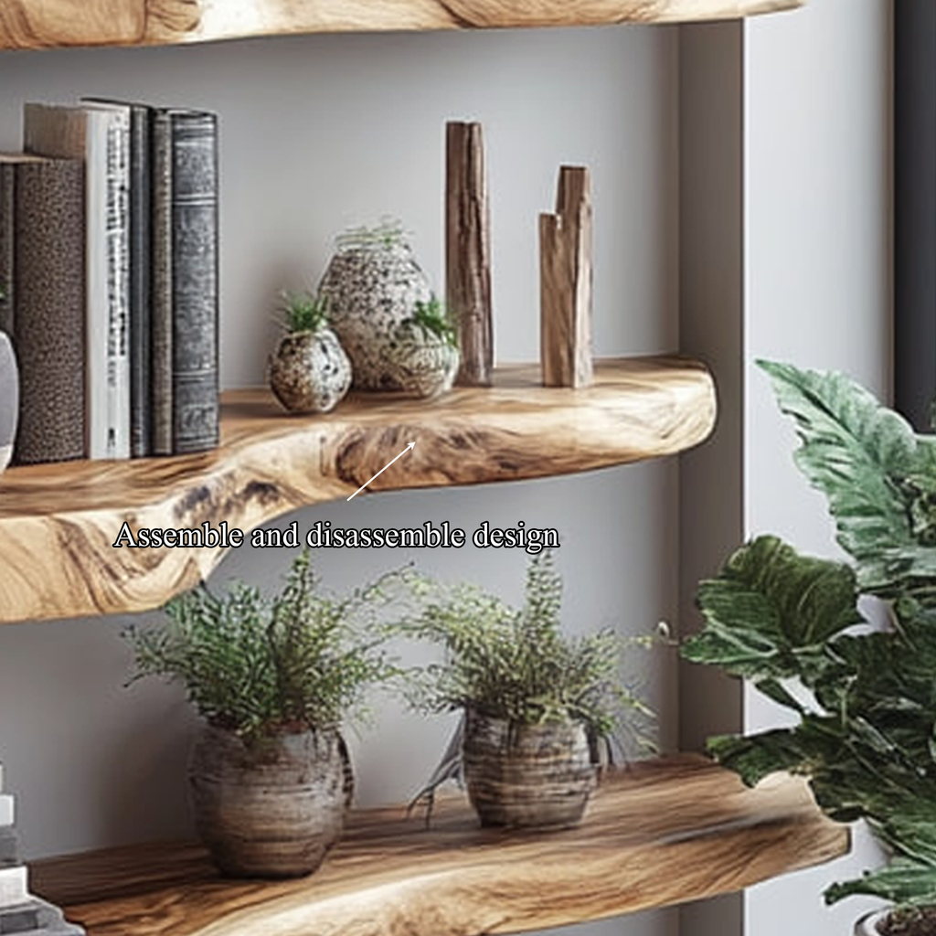 Floating Bookshelf, Rustic Live Edge Solid Wood for Living Room