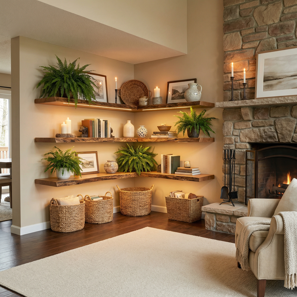 Farmhouse Corner Floating Shelf, Solid Wood Living Room Shelf