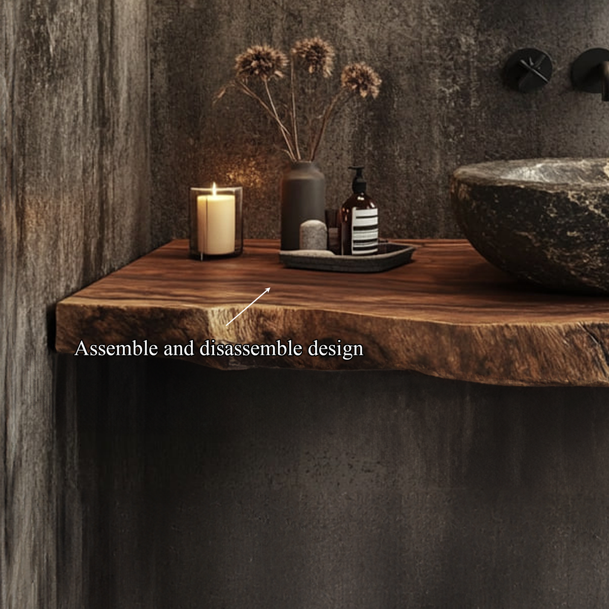 Floating Bathroom Vanity, Mid Century Live Edge Solid Wood Shelf