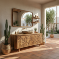 Mediterranean Solid Wood Bathroom Vanity Floral Carved Freestanding Cabinet