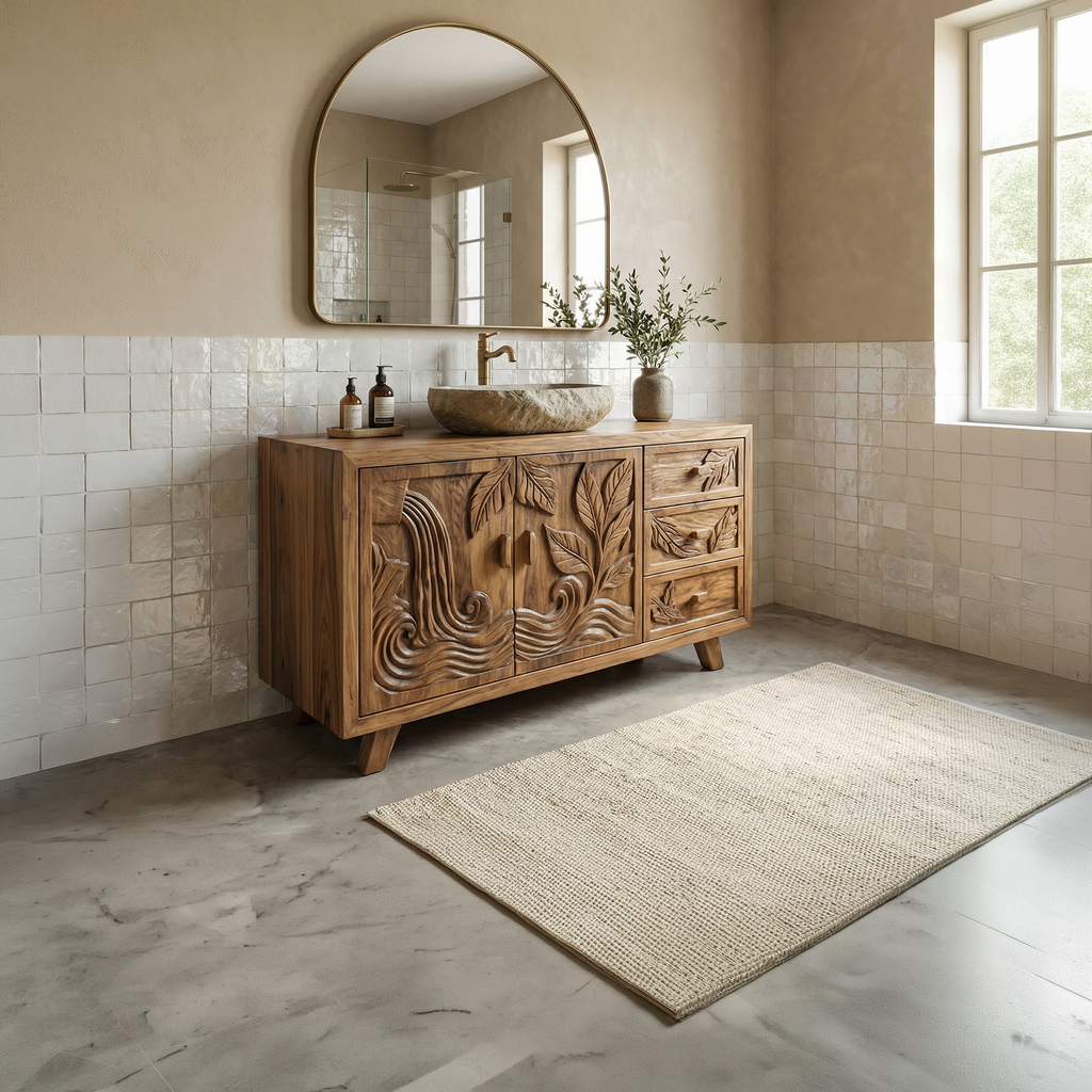 Bohemian Solid Wood Bathroom Vanity Leaf Carved Storage Cabinet
