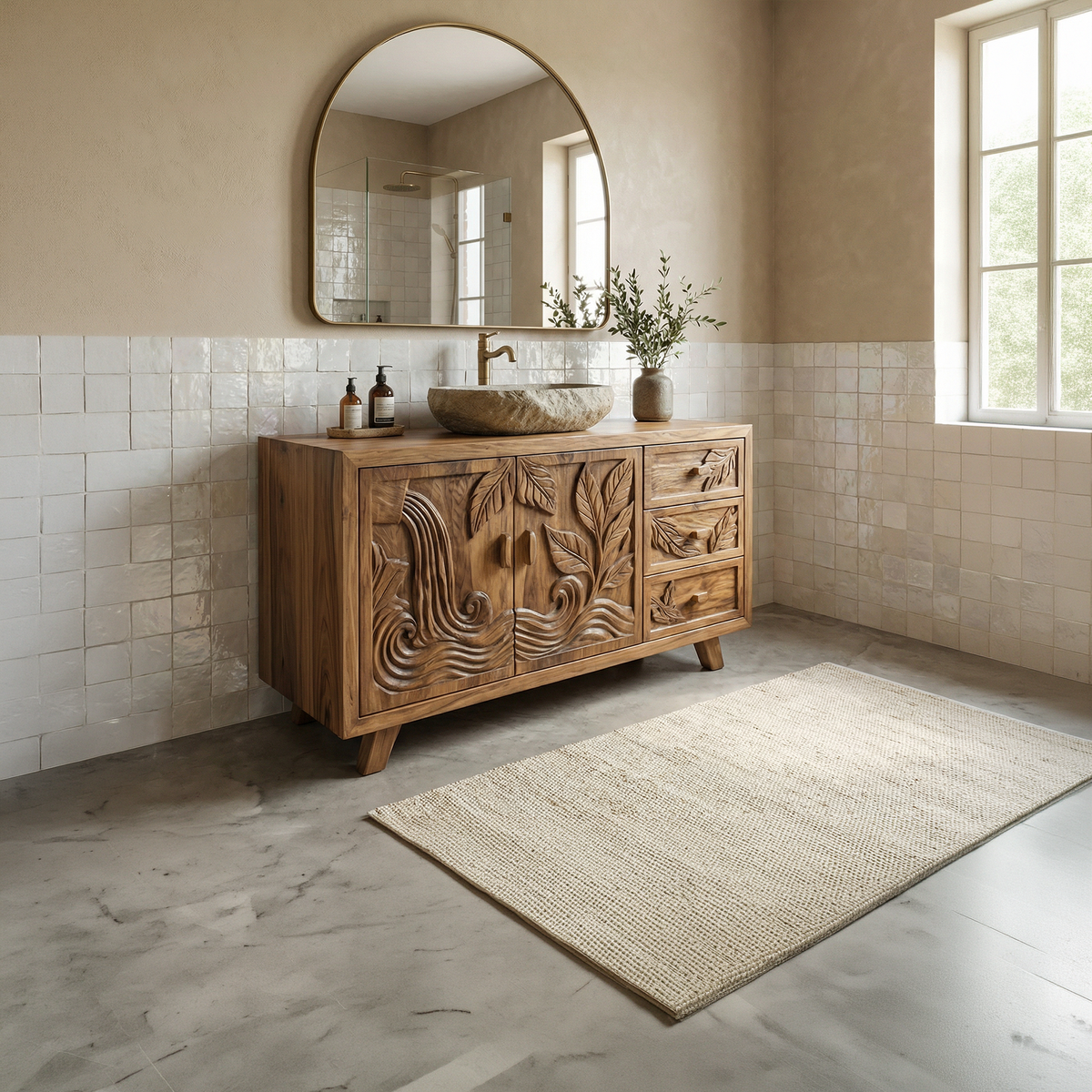 Bohemian Solid Wood Bathroom Vanity Leaf Carved Storage Cabinet