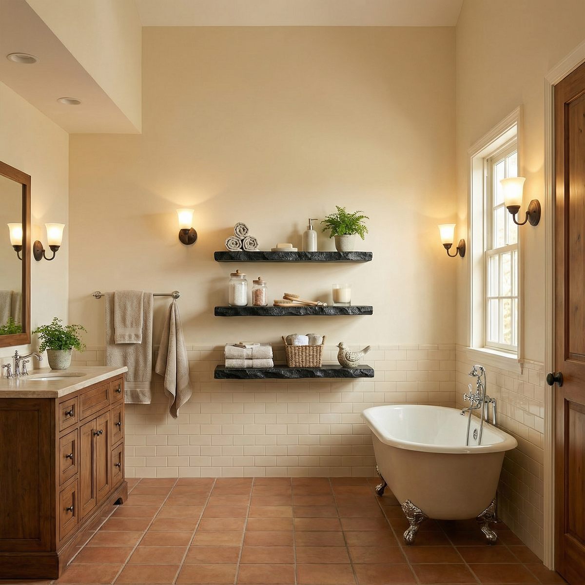 Floating Bathroom Shelf, Stone-Look Rustic Solid Wood Storage Rack