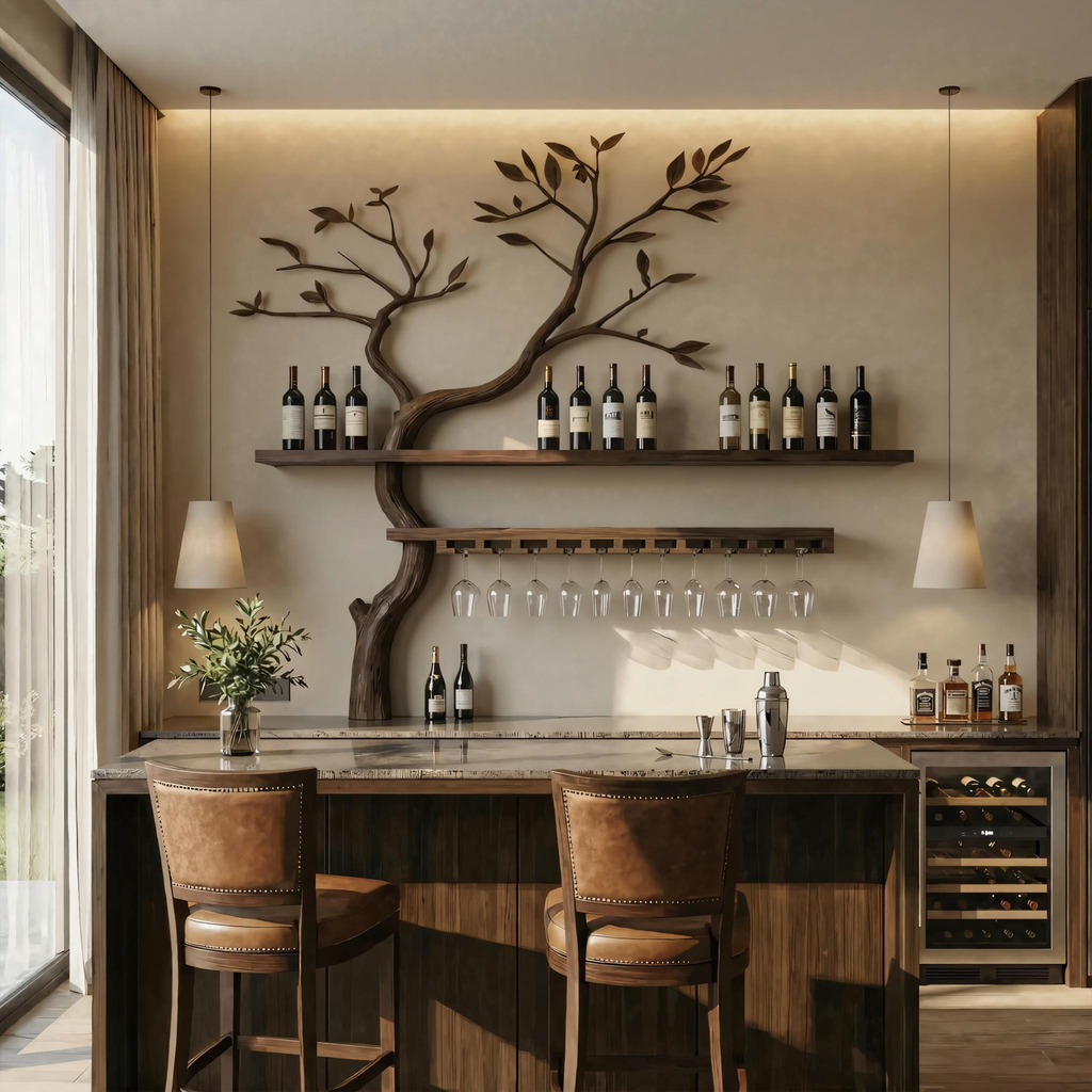 Artistic Tree Shaped Wooden Wall Wine Rack Bar Bottle Display Shelf Restaurant Bar Decor