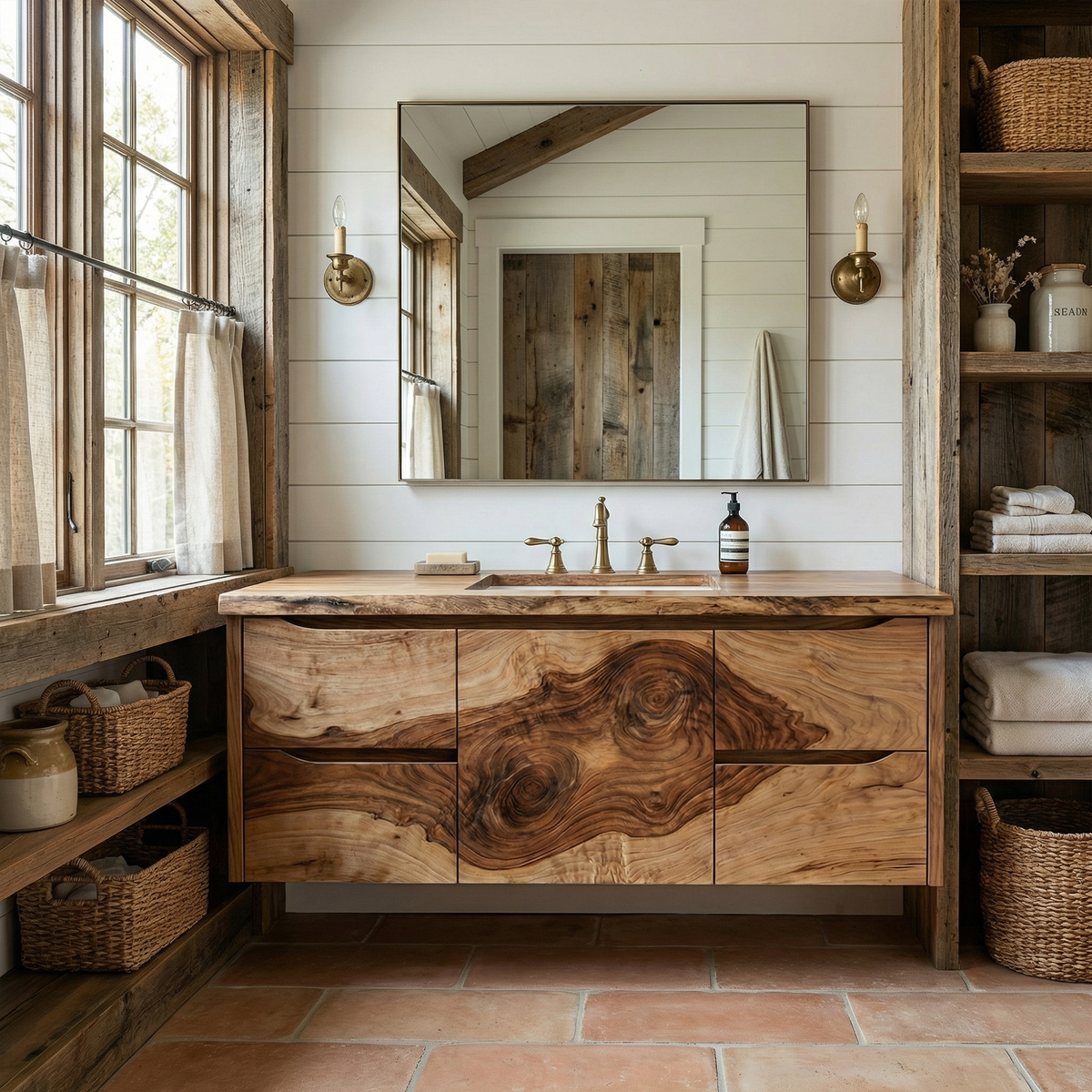 Floating Bathroom Vanity, Live Edge Solid Wood Slab Wall-Hung Cabinet
