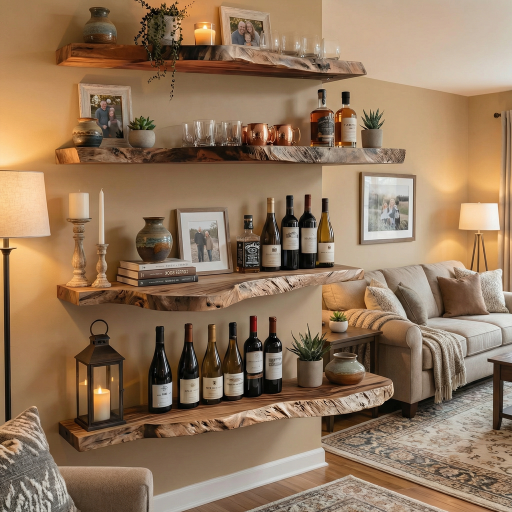 Industrial Rustic Floating Wine Display Shelves Solid Wood Wall Rack