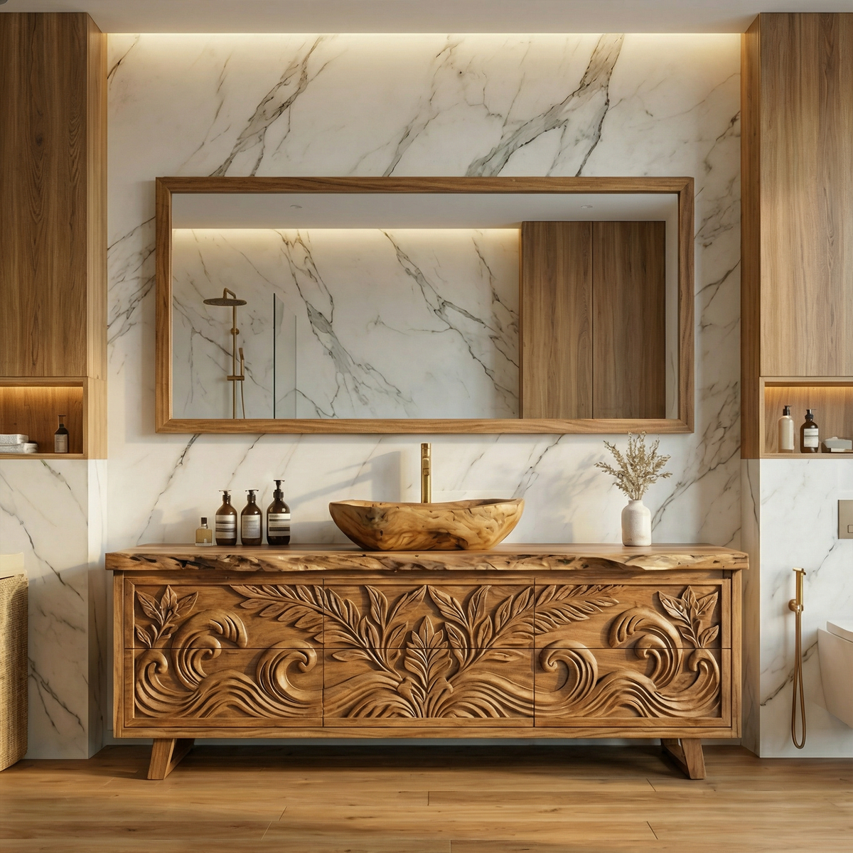 Luxury Tropical Hand Carved Solid Wood Bathroom Vanity Statement Cabinet