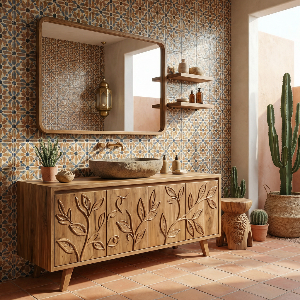Mediterranean Solid Wood Bathroom Vanity Floral Carved Freestanding Cabinet