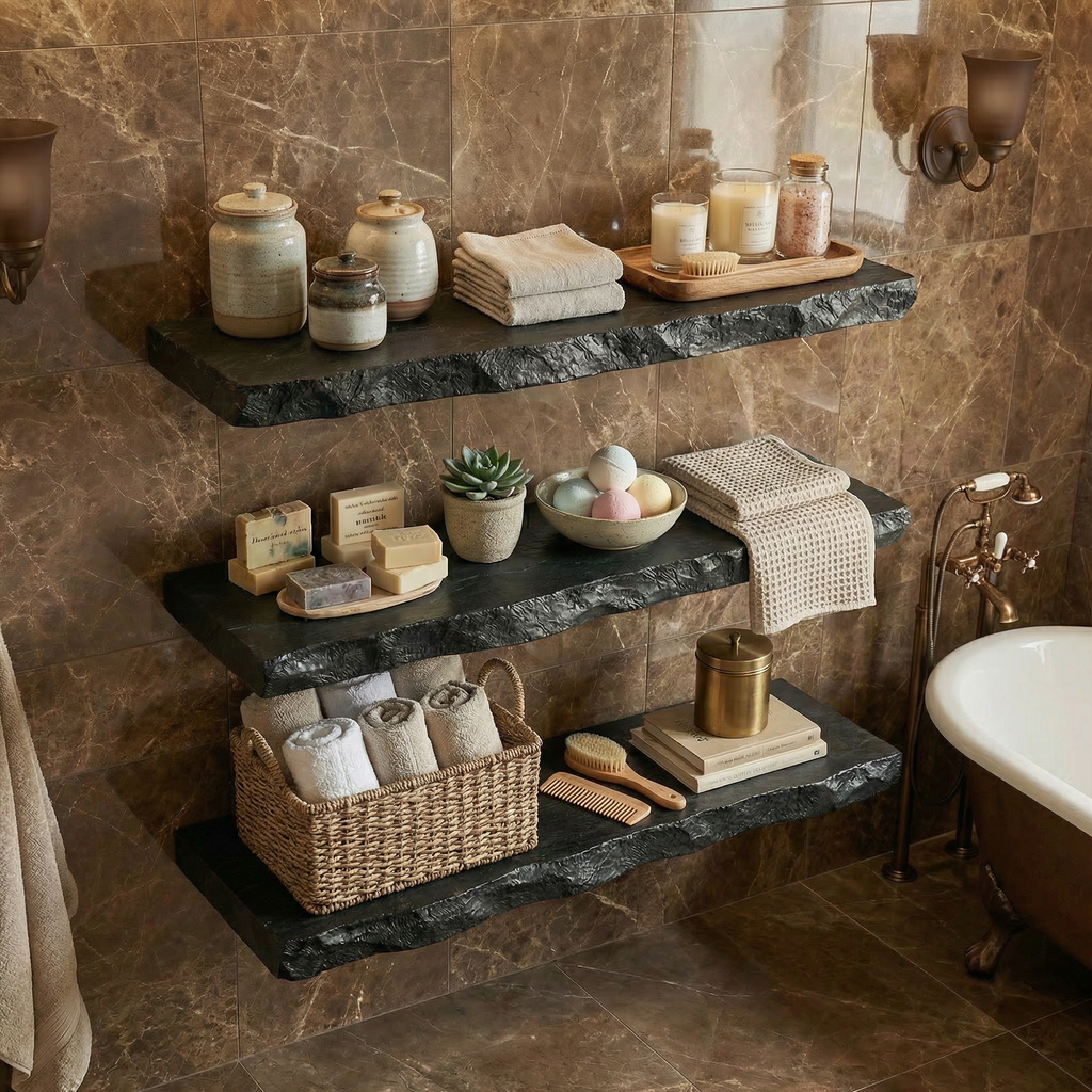 Floating Bathroom Shelf, Stone-Look Rustic Solid Wood Storage Rack