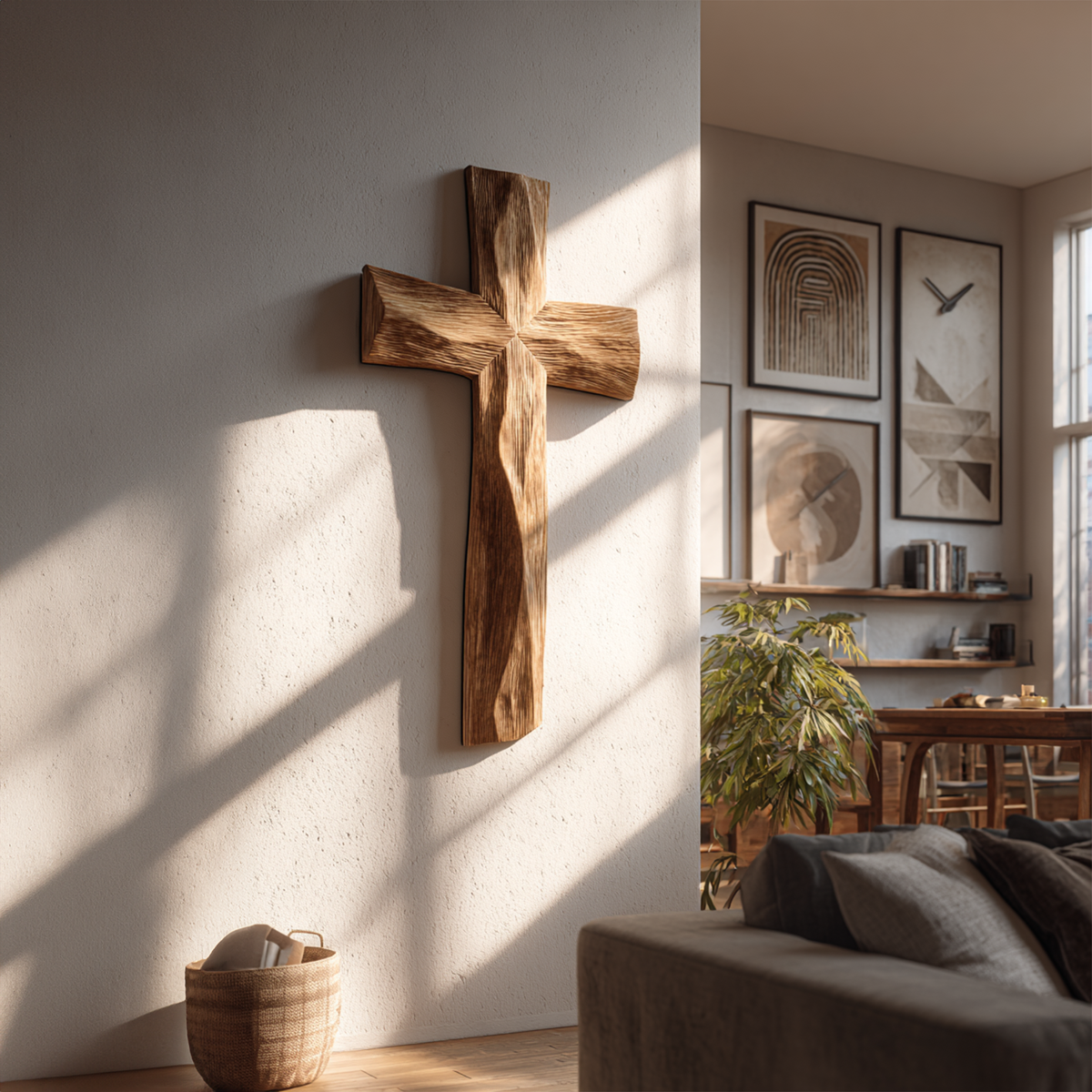 Wooden Wall Cross, Rustic Curved Edge Solid Wood Decor for Living Room