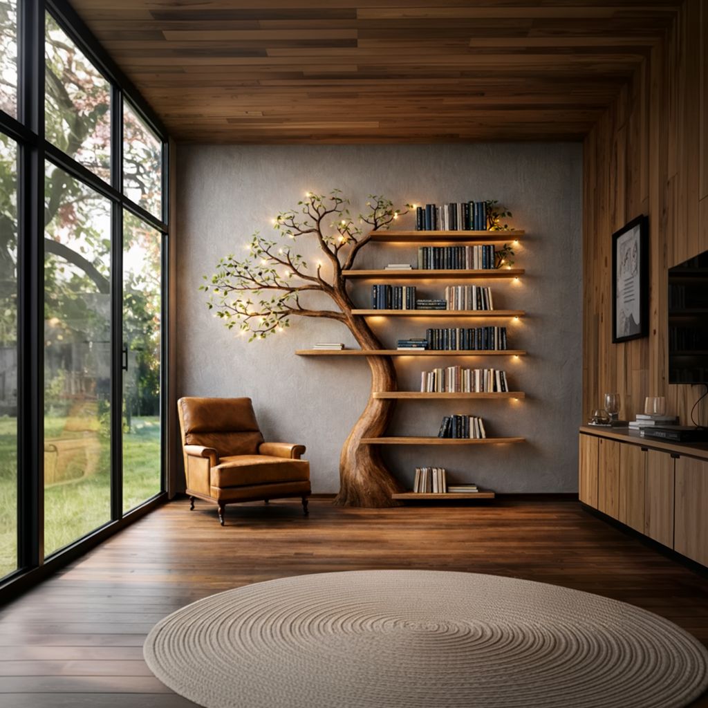 Handcrafted Tree Bookshelf Living Room Interior Sculptural Wall Display