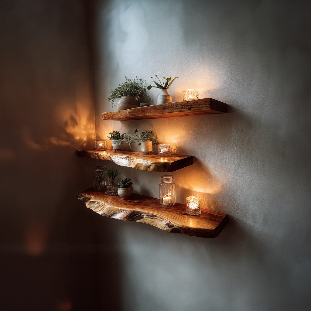 Live Edge Candle Shelf, Rustic Tamarind Wood Floating Bedroom Ledge