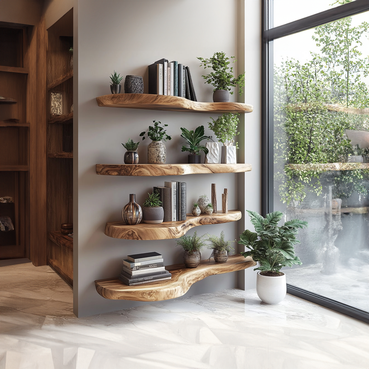 Floating Bookshelf, Rustic Live Edge Solid Wood for Living Room