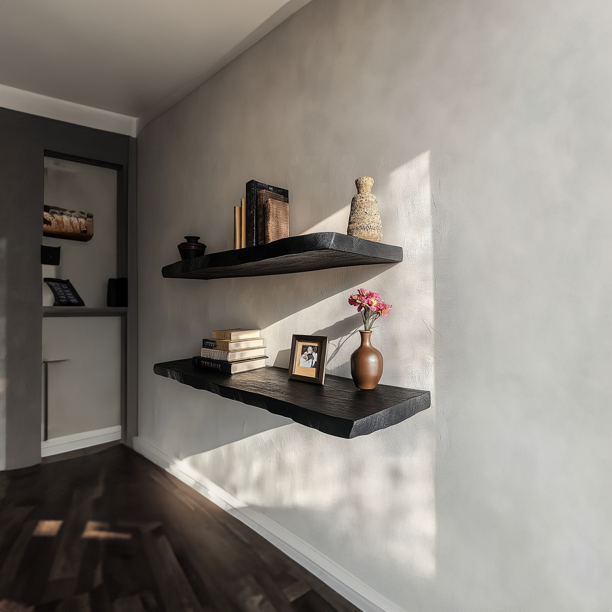 Black Live Edge Floating Shelf, Rustic Modern Solid Wood Wall Shelf