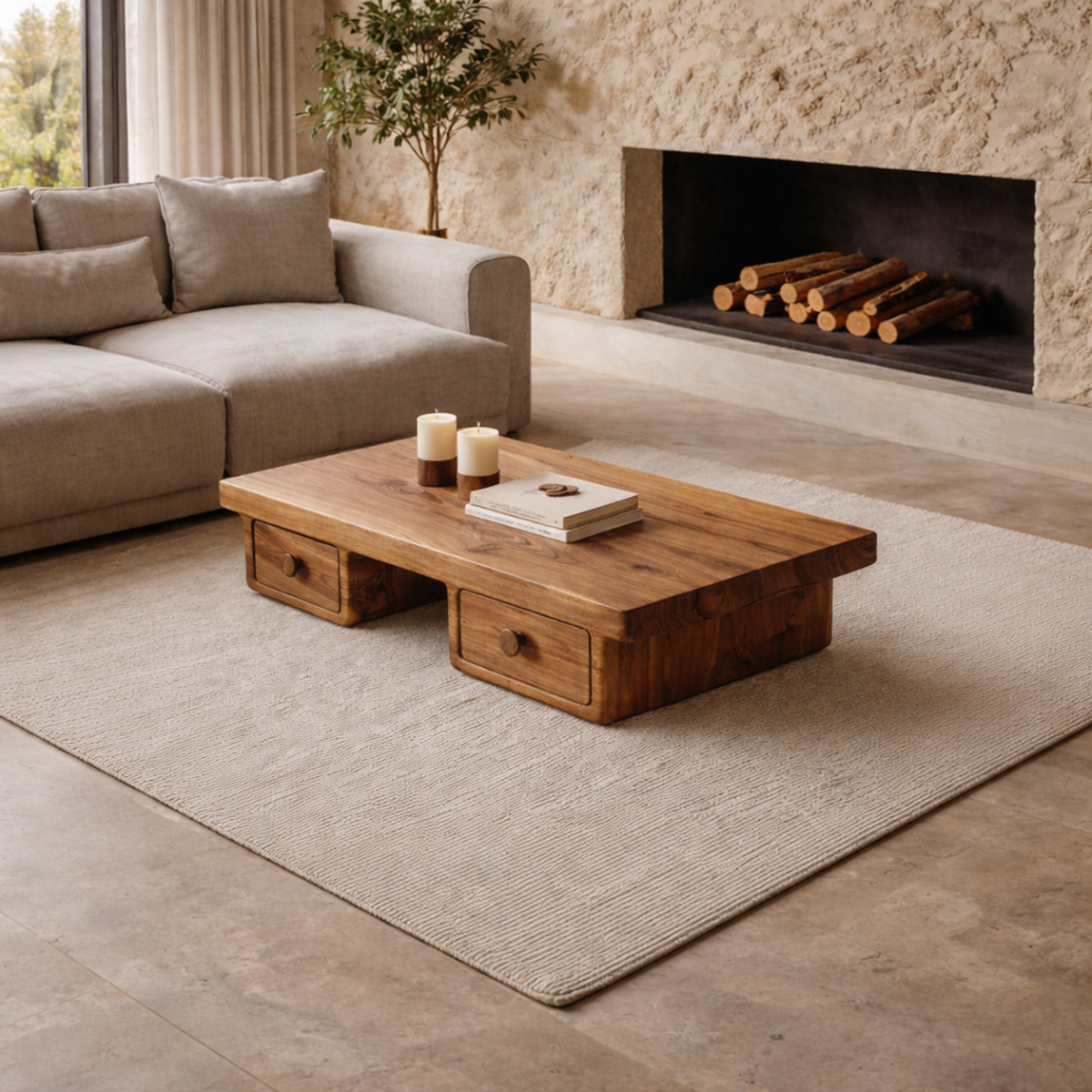 Compact Storage Solid Wood Coffee Table Cozy Living Room Interior