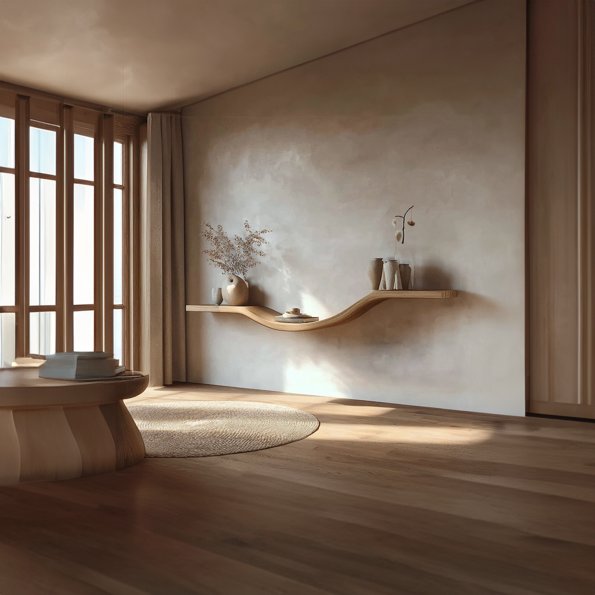 Floating Wall Shelf, Organic Modern Curved Solid Wood for Entryway
