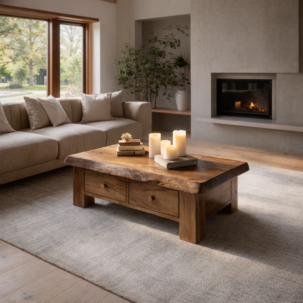 Classic Drawer Solid Wood Coffee Table Warm Modern Living Room Interior