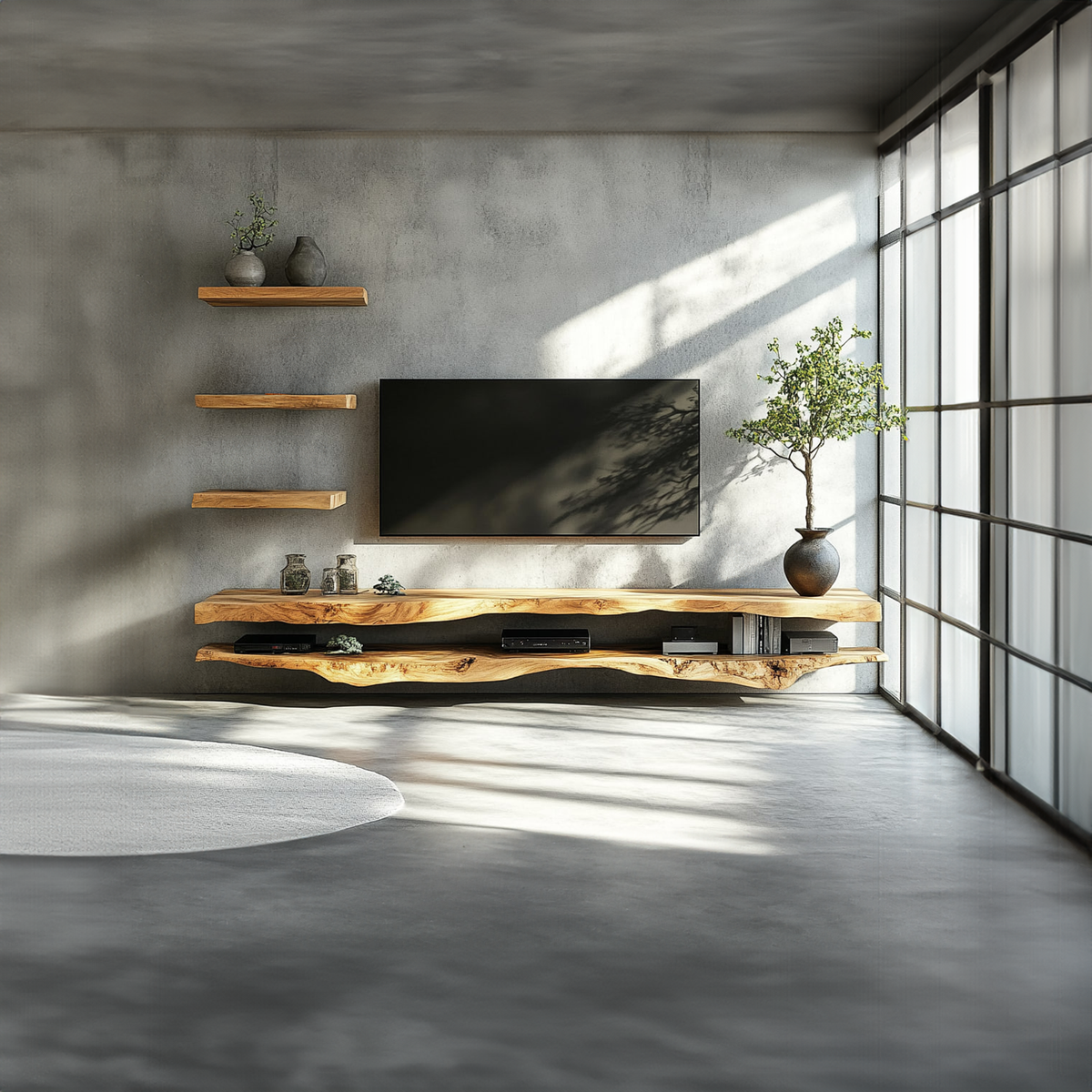 Combo 2 Pieces Rustic Floating TV Stand Living Room Media