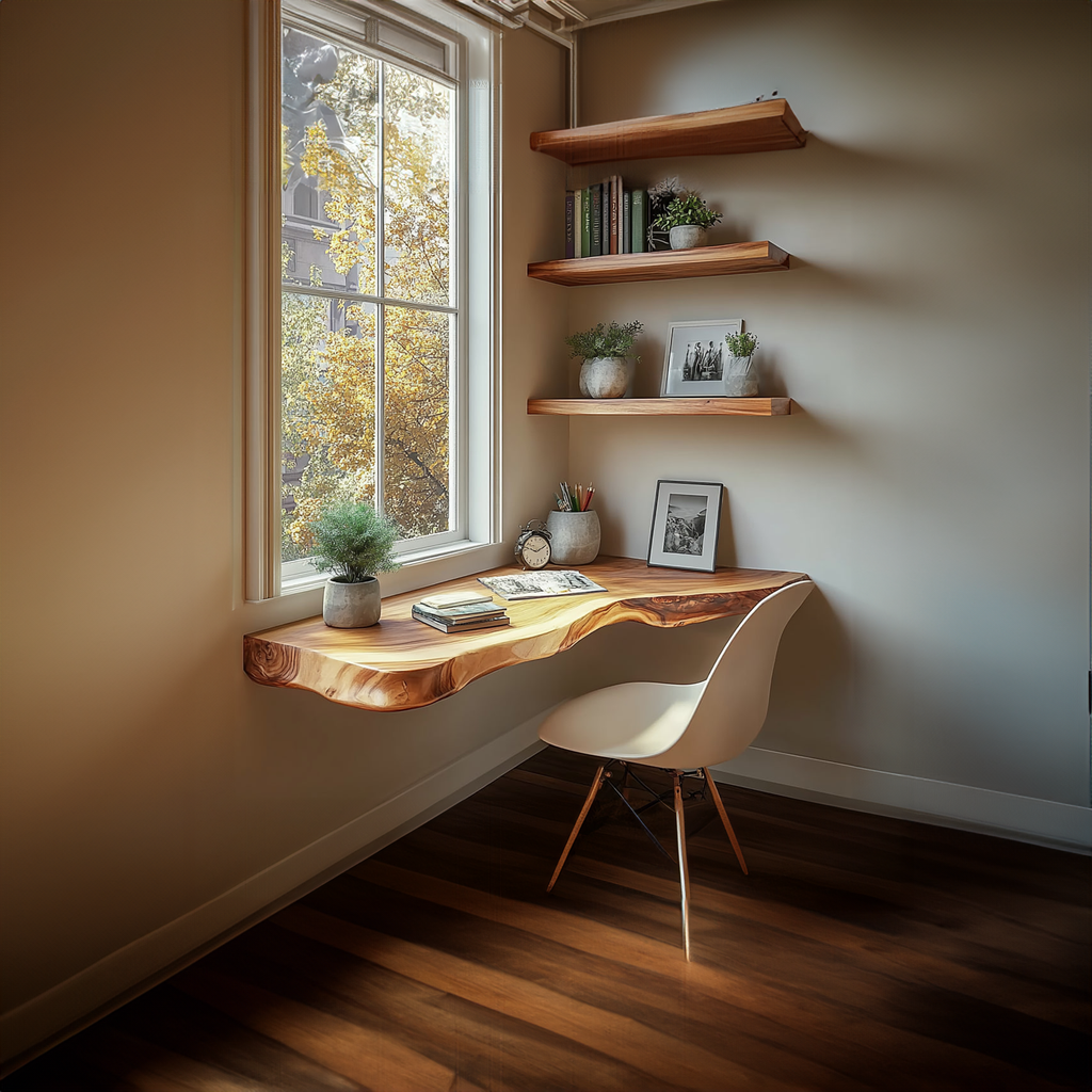Floating Desk, Rustic Wall Mounted Solid Wood Slab for Study Space