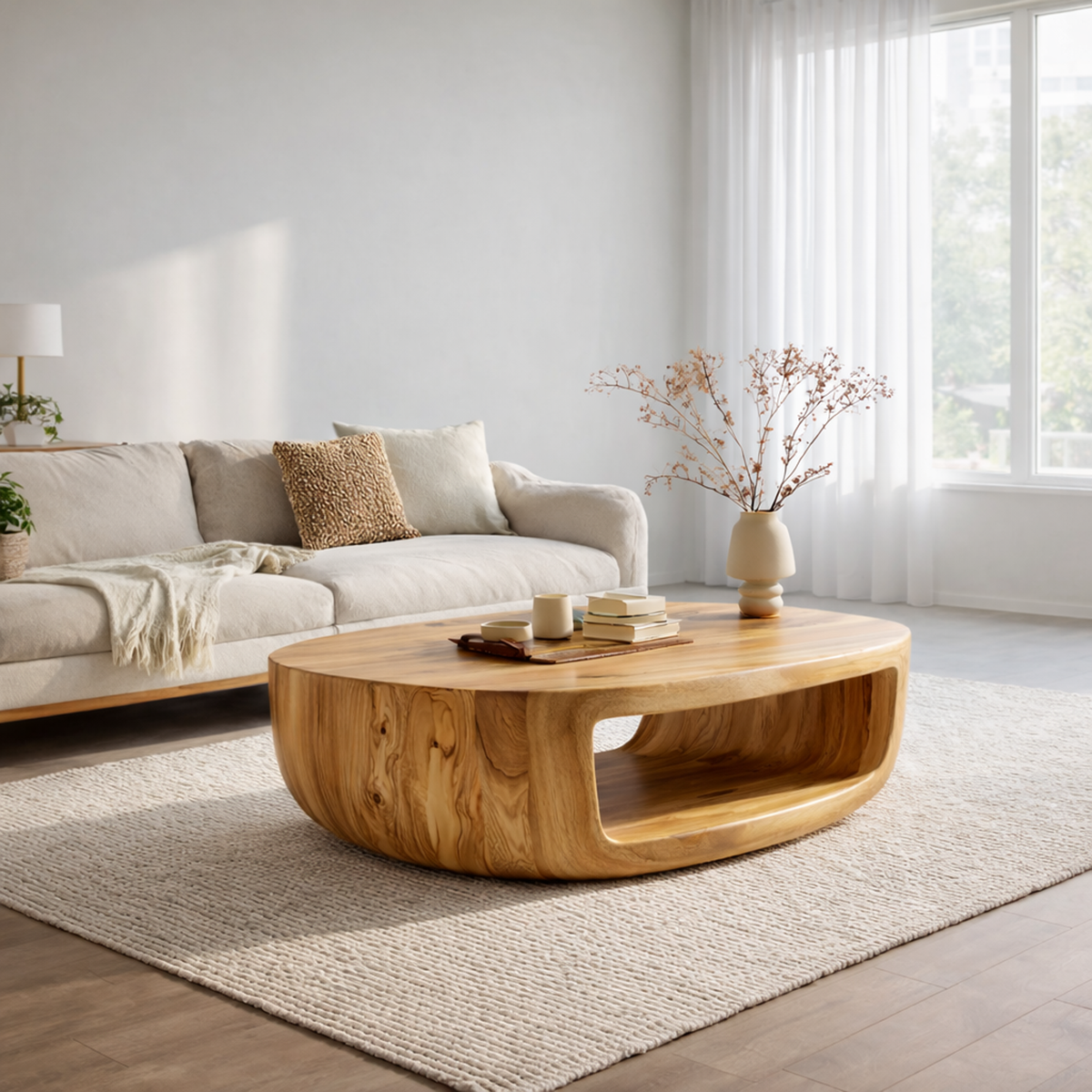 Curved Shell Solid Wood Coffee Table Calm Contemporary Living Room Interior