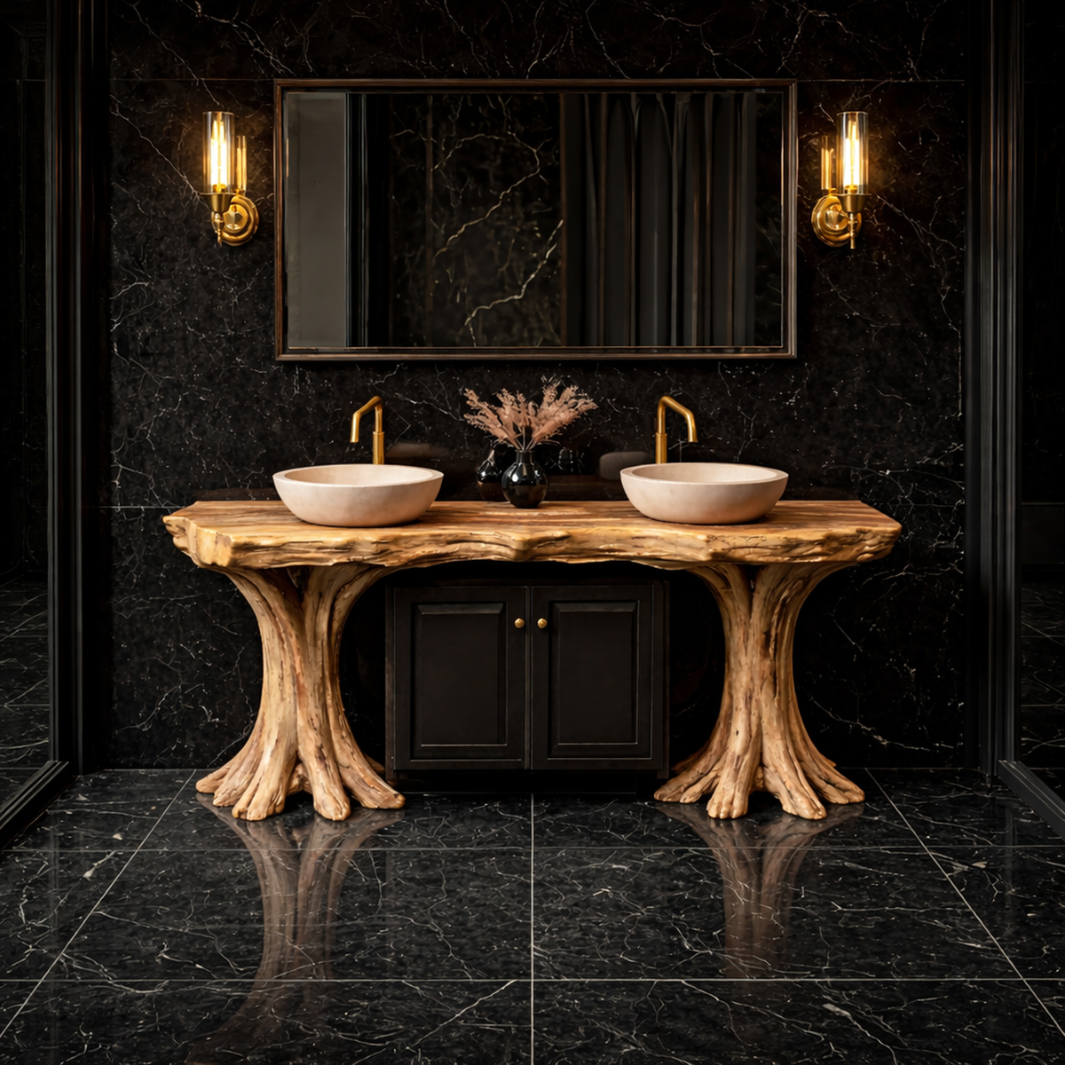 Luxury Organic Solid Wood Bathroom Vanity Tree Base Statement Design