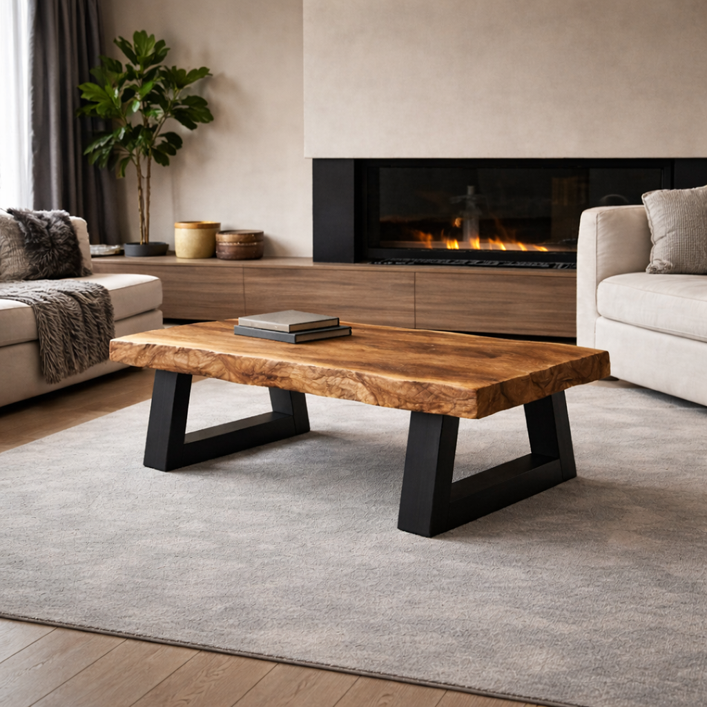 Industrial Live Edge Solid Wood Coffee Table Bold Contrast Black Base Modern Living Room Interior