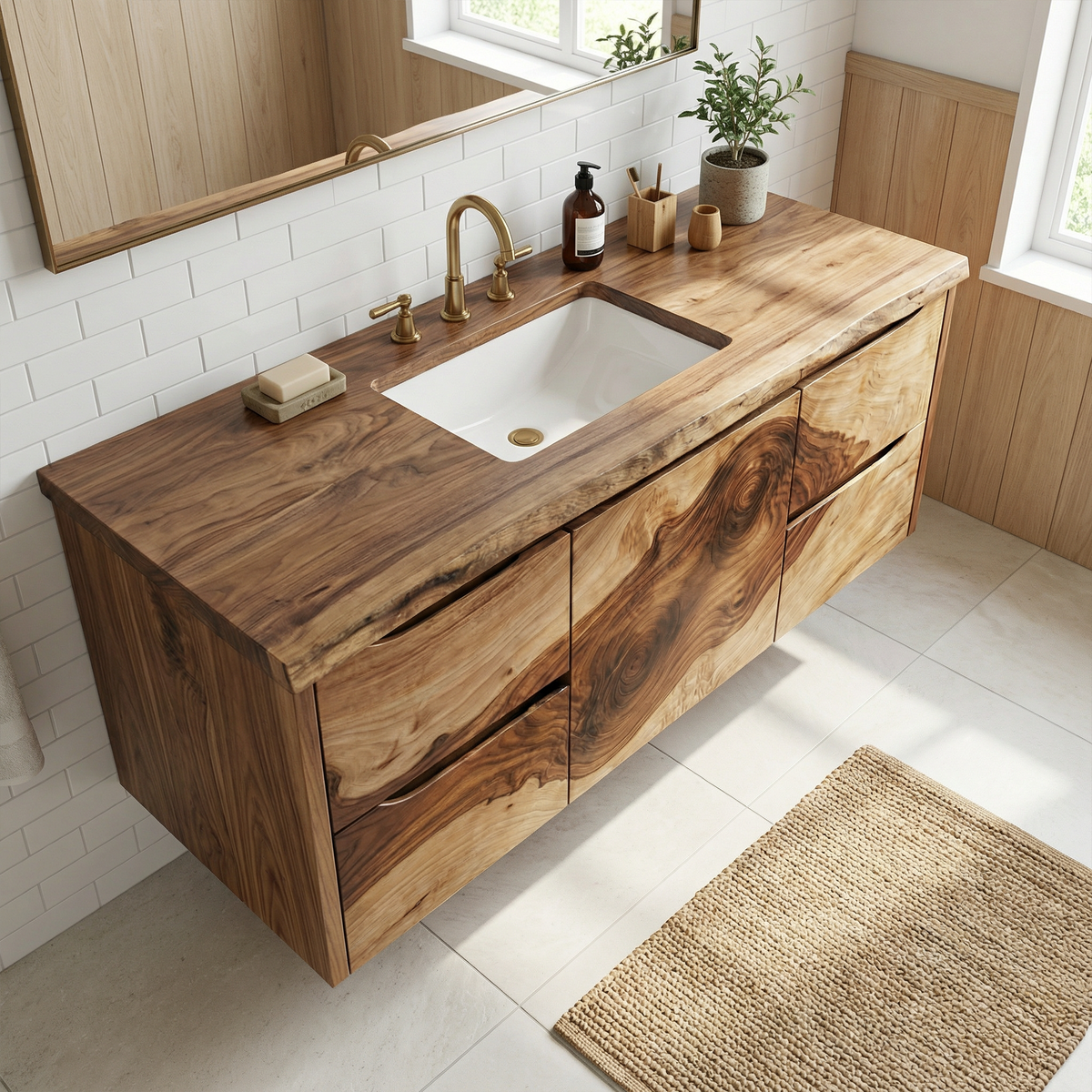Floating Bathroom Vanity, Live Edge Solid Wood Slab Wall-Hung Cabinet