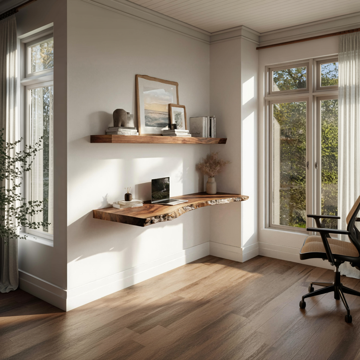 Live Edge Solid Wood Floating Desk Window Side Workspace Interior