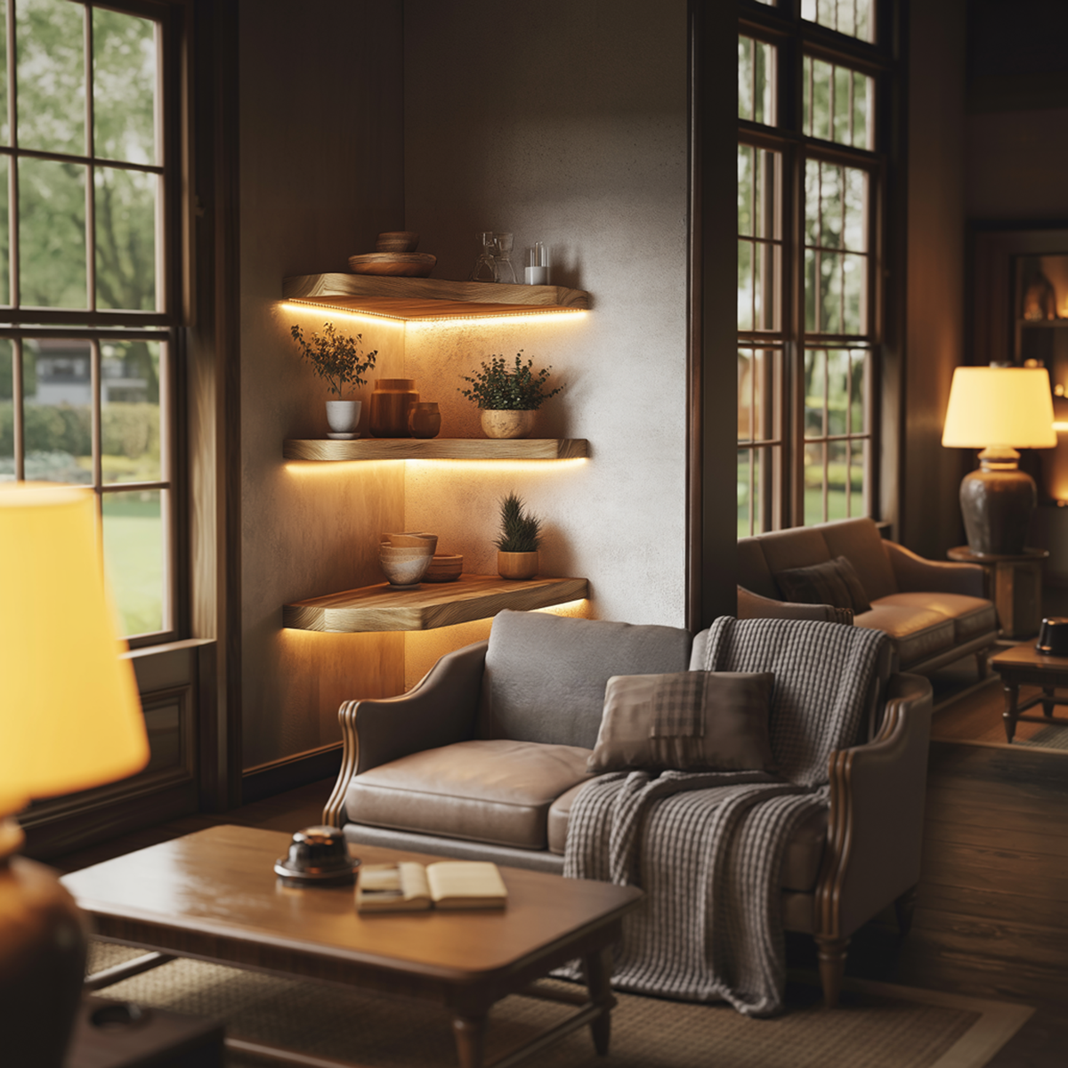 Layered Corner Wall Shelf, Warm Minimal Solid Wood Floating Display