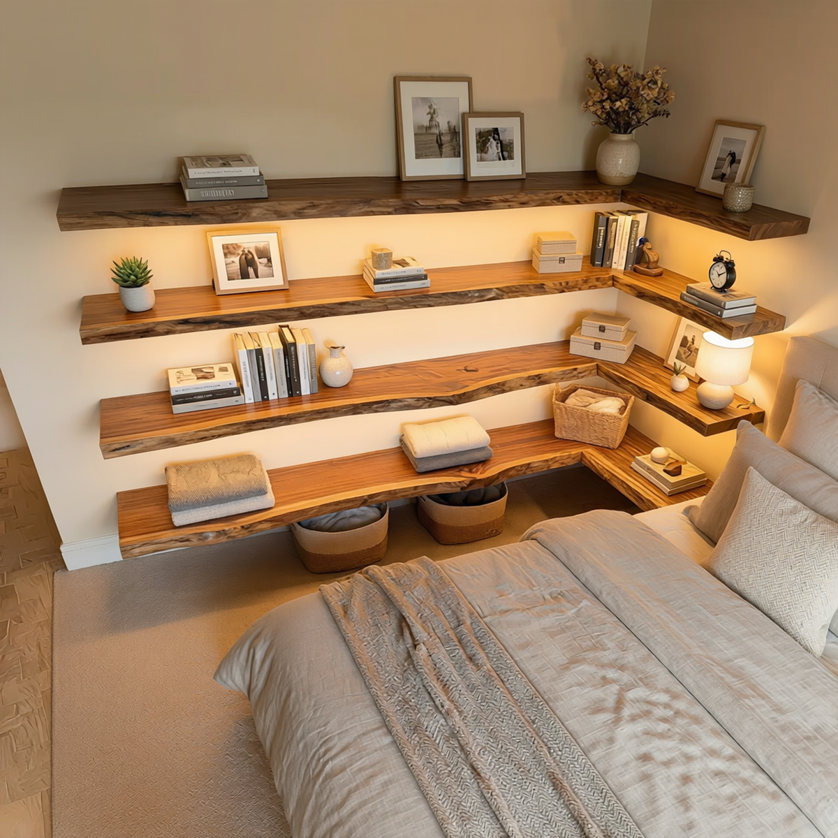 Farmhouse Corner Floating Shelf, Solid Wood Living Room Shelf