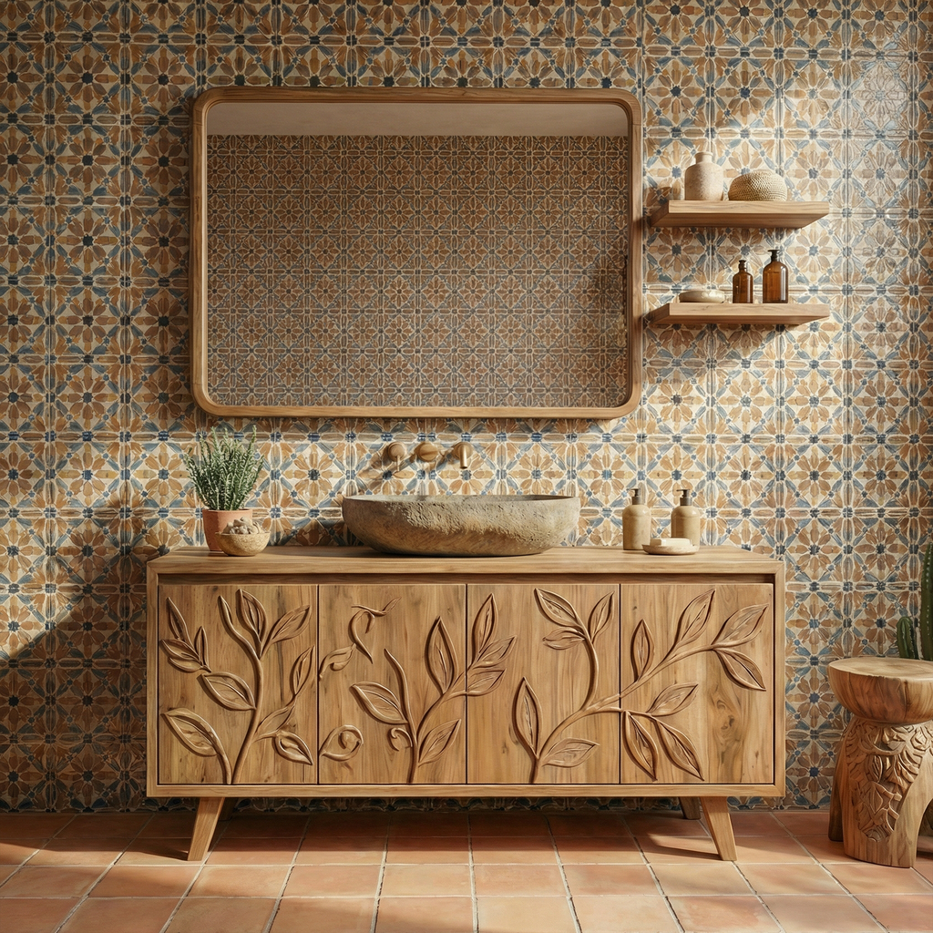Mediterranean Solid Wood Bathroom Vanity Floral Carved Freestanding Cabinet