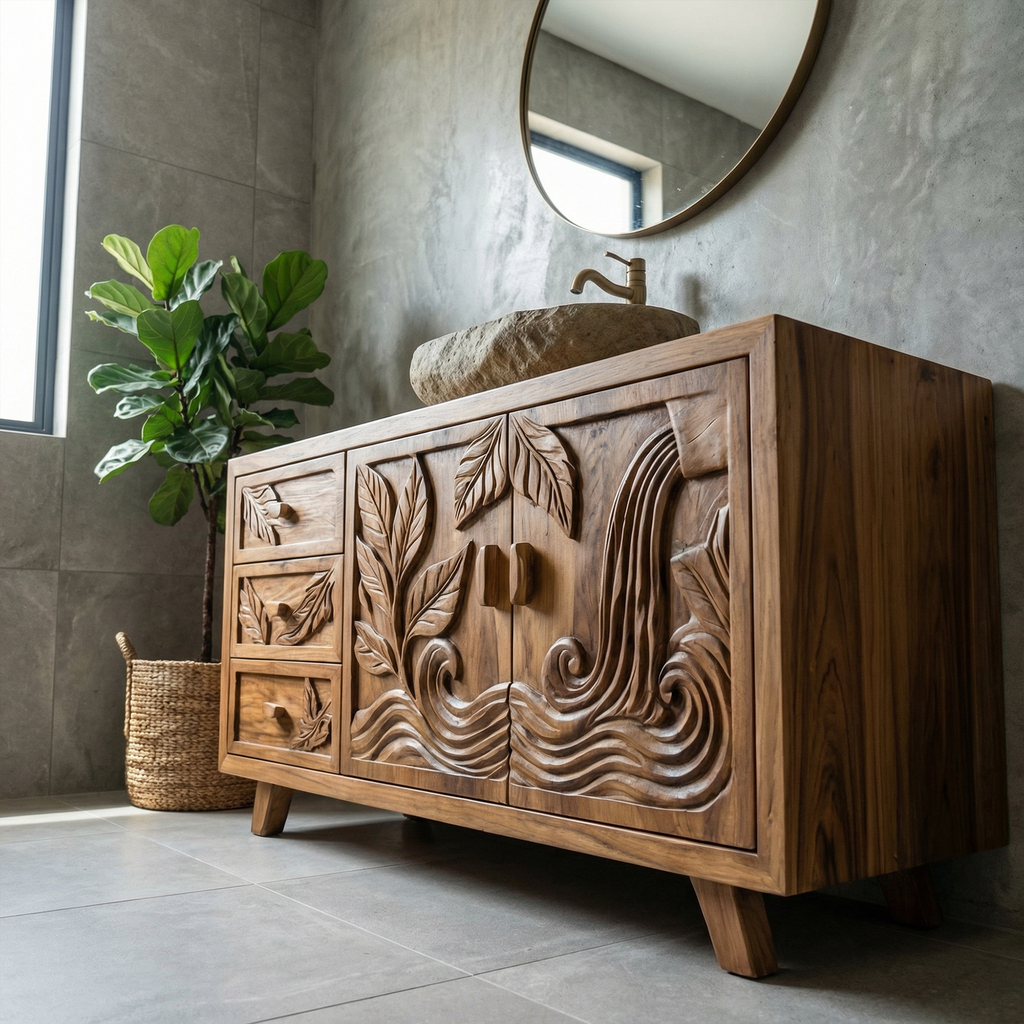 Bohemian Solid Wood Bathroom Vanity Leaf Carved Storage Cabinet