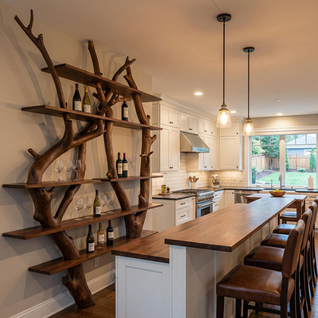 Large Wall Wine Rack, Contemporary Solid Wood Branch Bar Shelf
