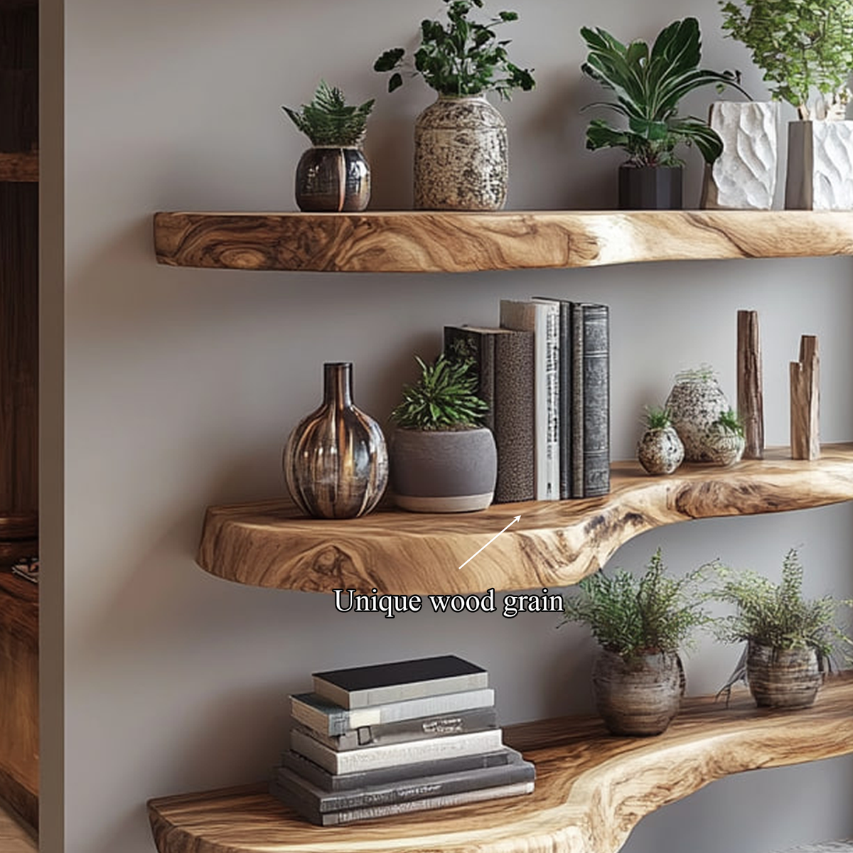 Floating Bookshelf, Rustic Live Edge Solid Wood for Living Room