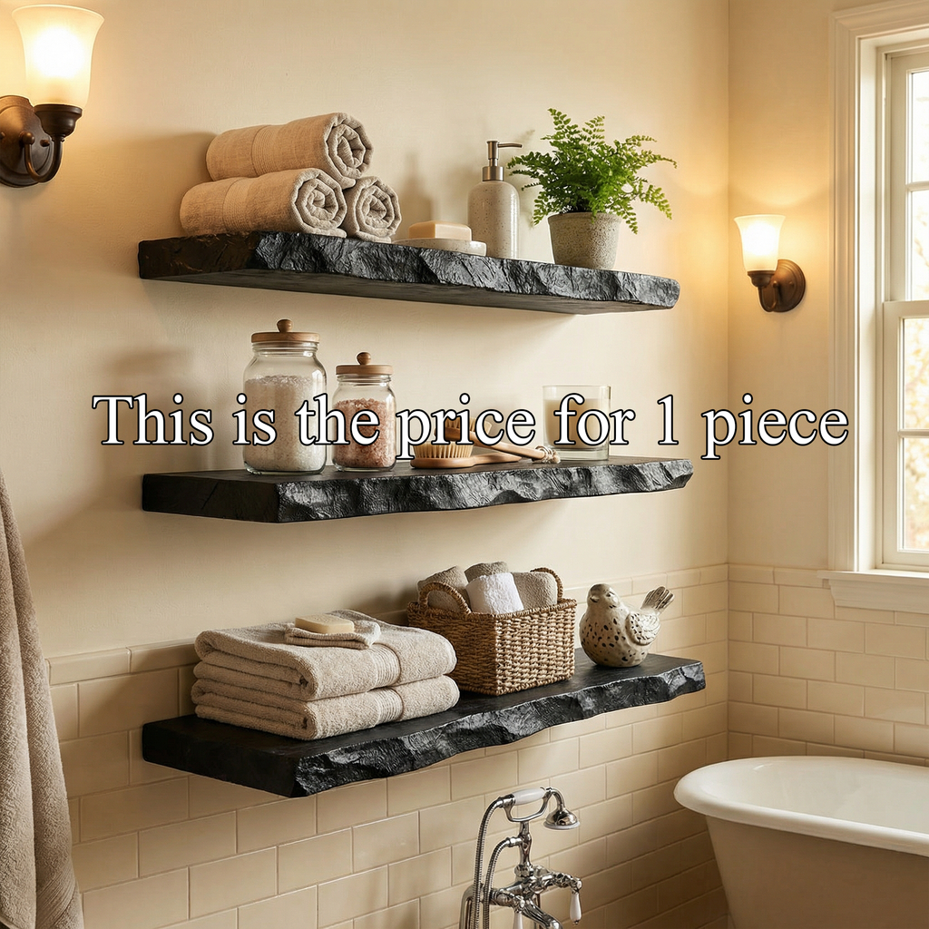 Floating Bathroom Shelf, Stone-Look Rustic Solid Wood Storage Rack