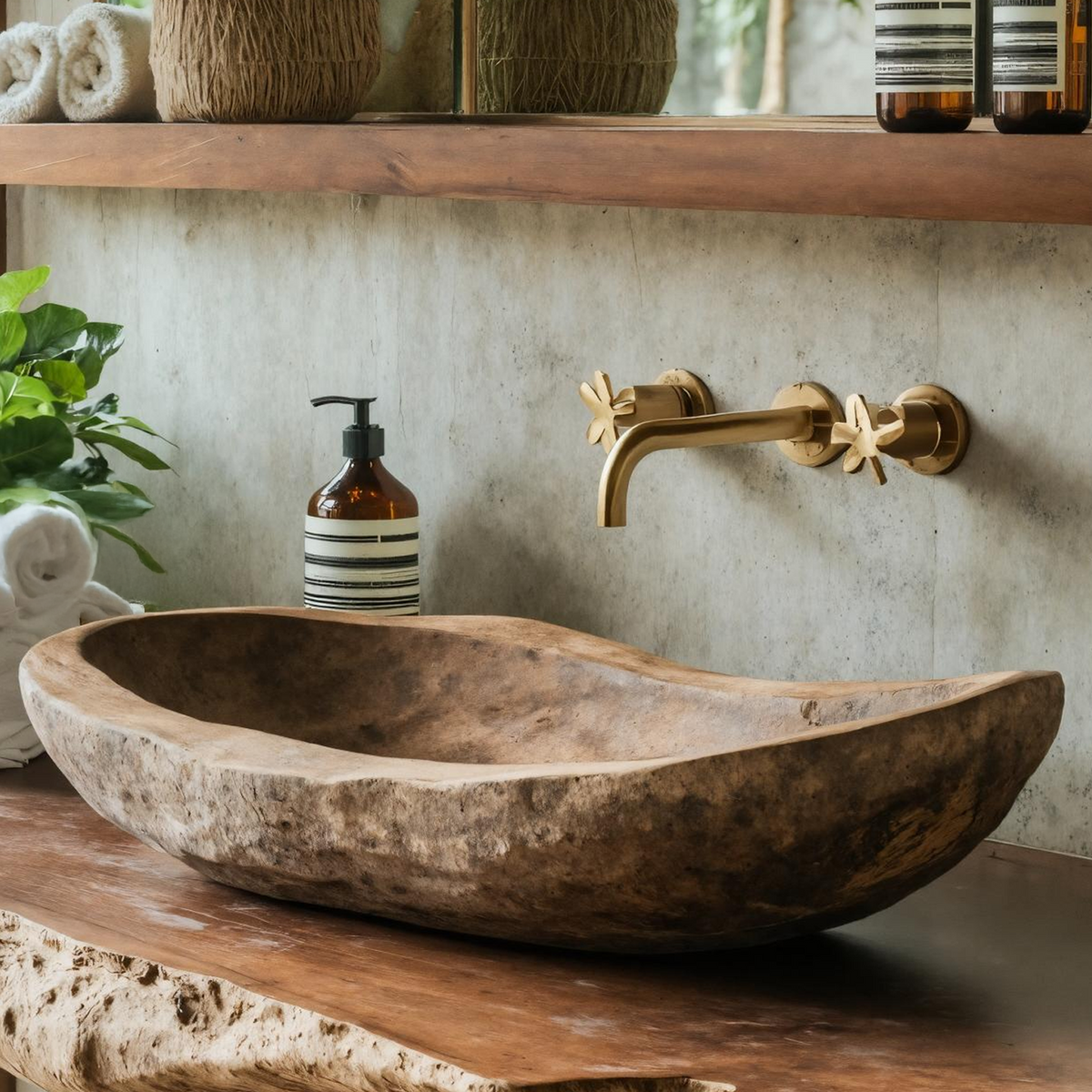 Wooden Vessel Sink, Farmhouse Hand-Carved Bathroom Wash Basin