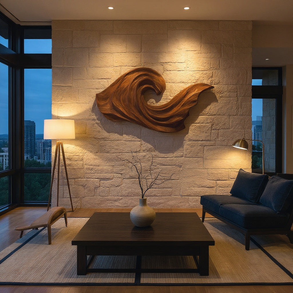 Artistic Wave Inspired Wood Wall Art For Apartment Interior