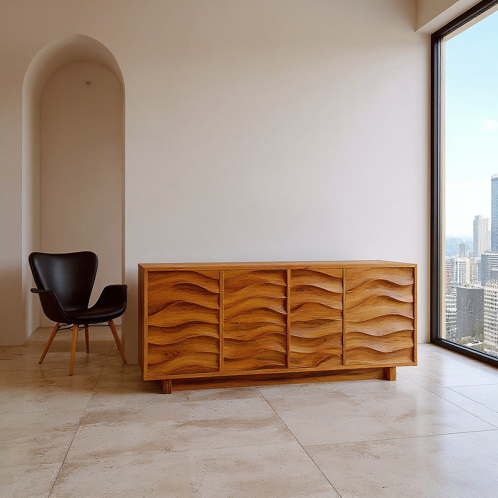 Artistic Wooden Sideboard With Wave Pattern Doors For Home