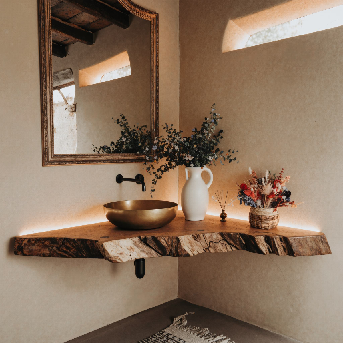 Floating Corner Bathroom Vanity Shelf Handmade Wood Sink Counter