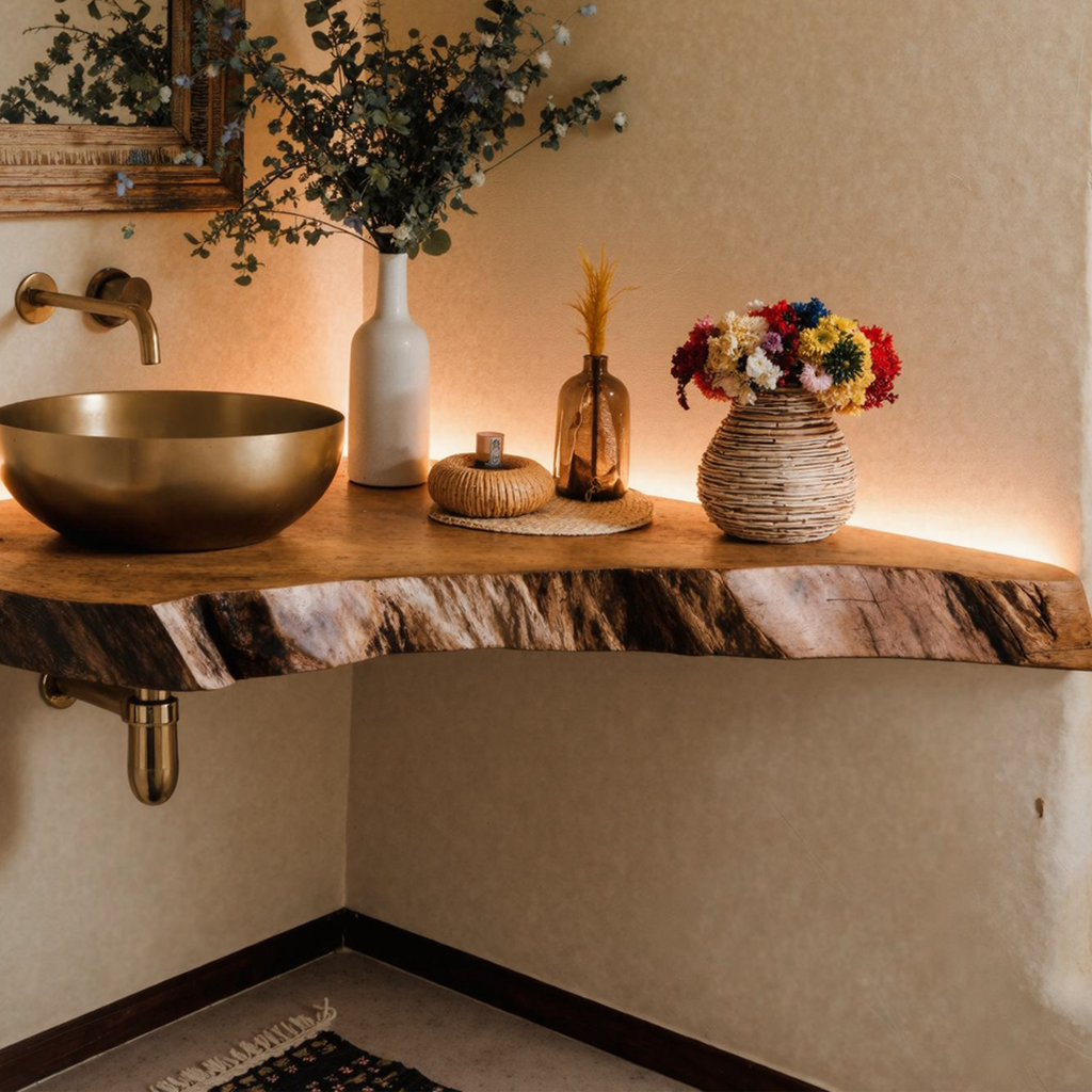 Corner Bathroom Vanity, Wall-Mounted Wood Shelf for Vessel Sinks