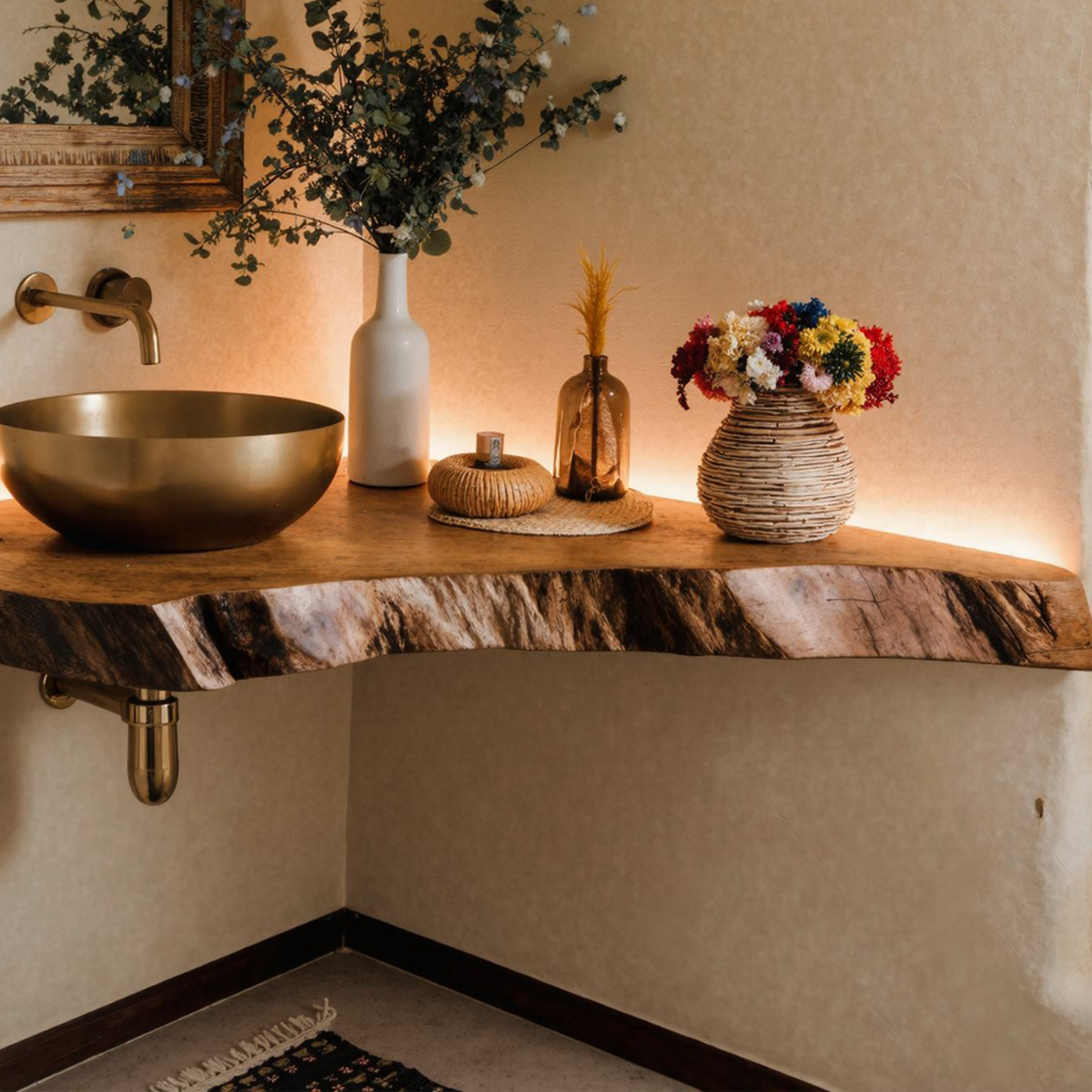 Corner Bathroom Vanity, Wall-Mounted Wood Shelf for Vessel Sinks
