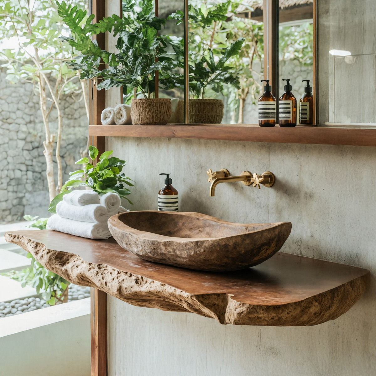 Wooden Vessel Sink, Farmhouse Hand-Carved Bathroom Wash Basin