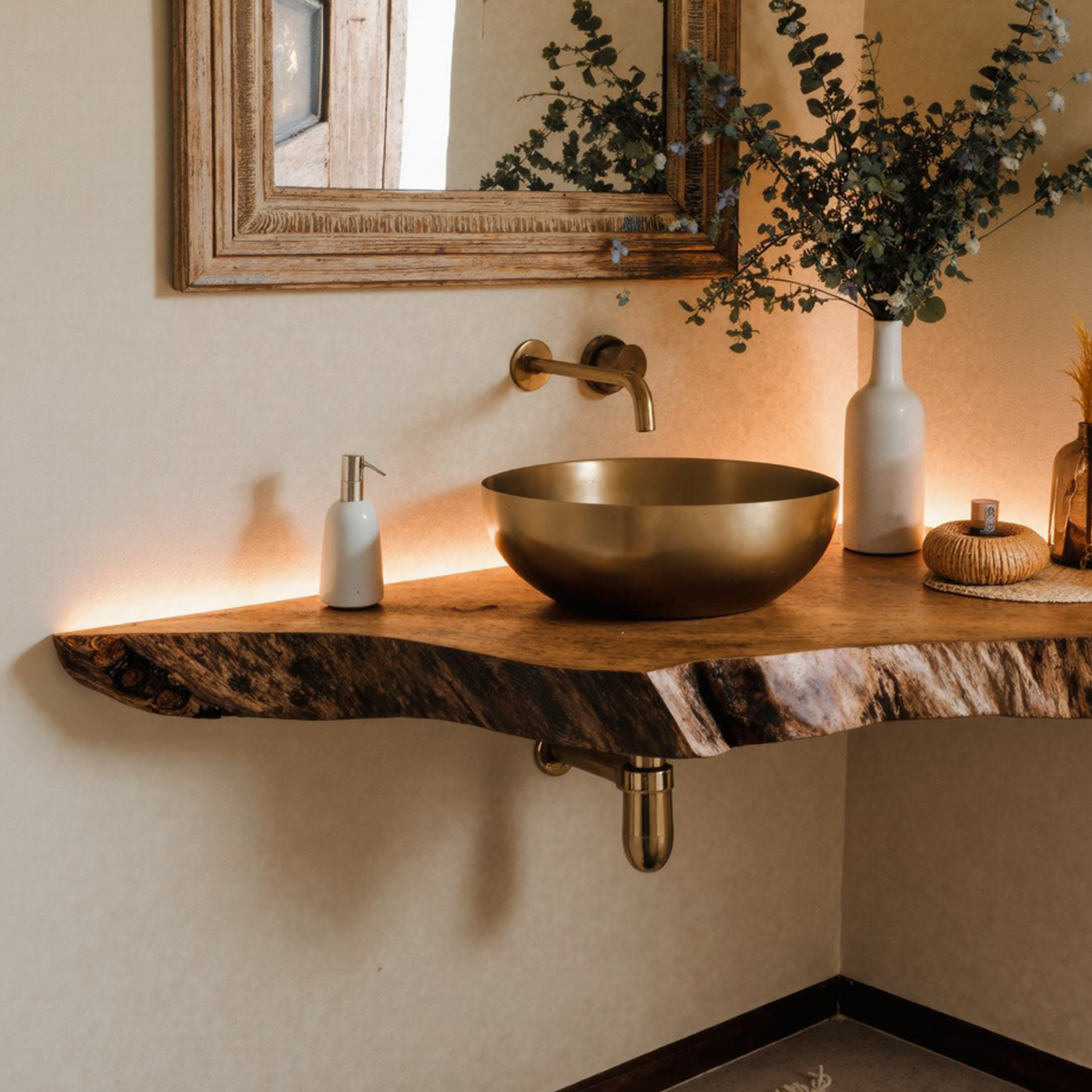 Corner Bathroom Vanity, Wall-Mounted Wood Shelf for Vessel Sinks