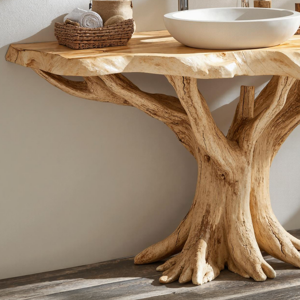 Live Edge Bathroom Vanity With Natural Tree Base, Rustic Wood