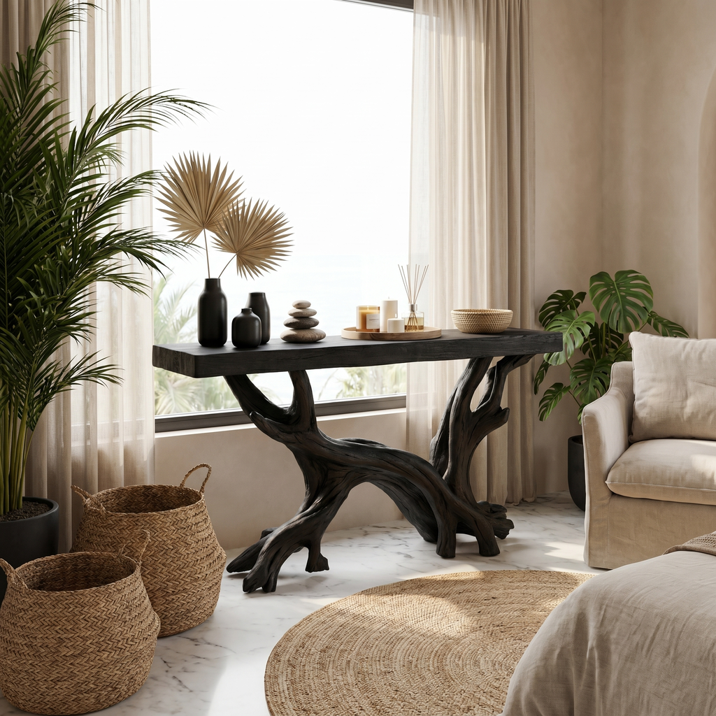 Console Table, Rustic Coastal Solid Wood for Living Room and Hallway