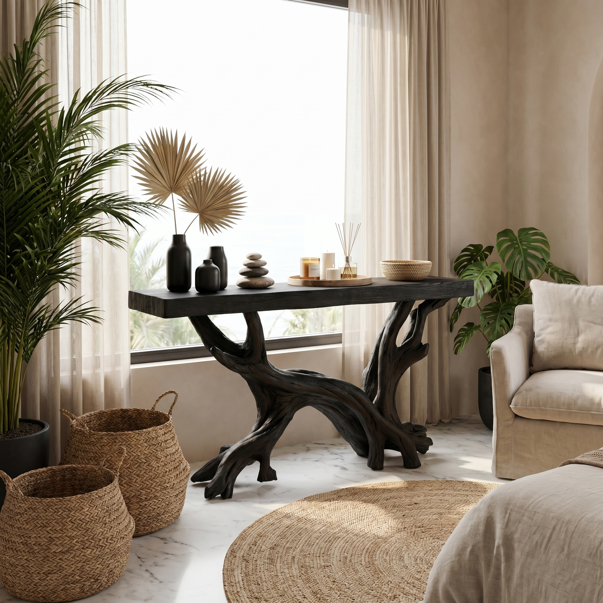Console Table, Rustic Coastal Solid Wood for Living Room and Hallway