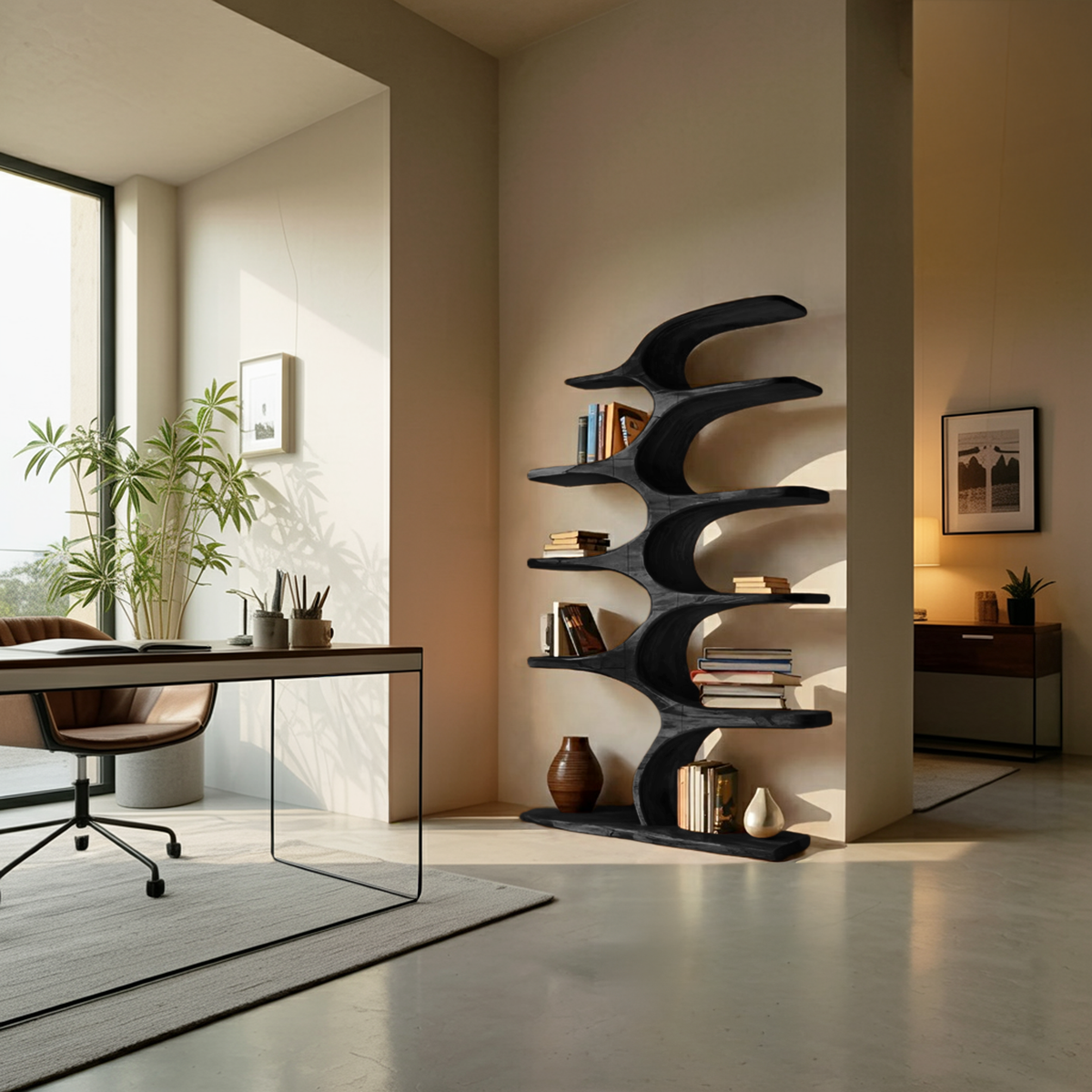 Artistic Curved Bookshelf Fluid Lines Statement For Designer Interiors