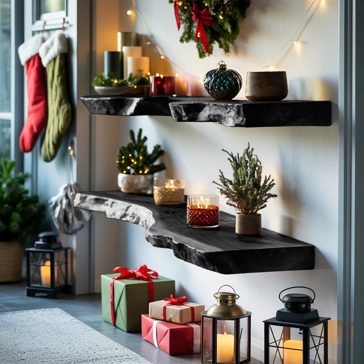 Mid Century Wooden Floating Shelf For Cozy Christmas Bedroom Setup