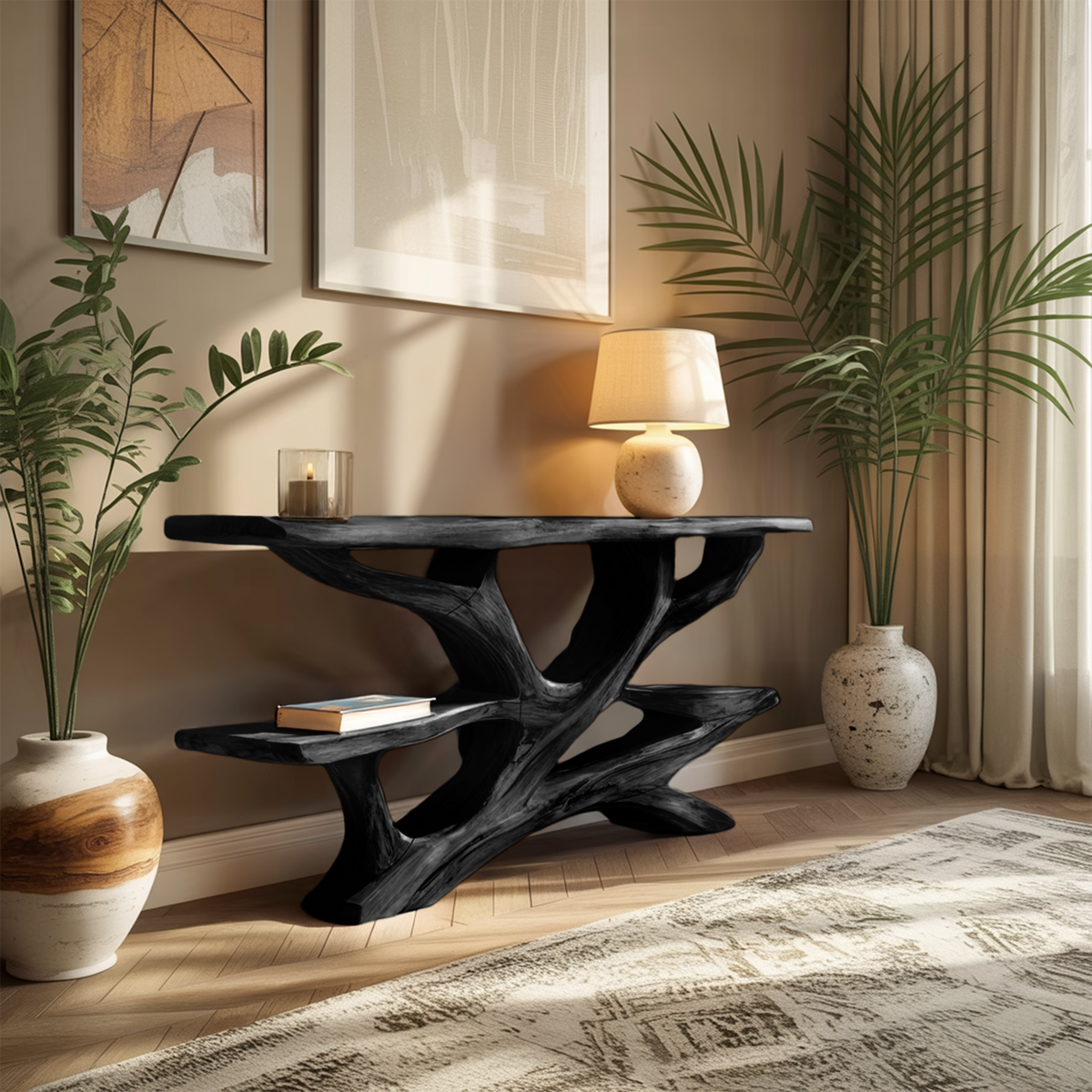 Handcrafted Wooden Live Edge Console Table, Solid Wood Entryway Accent Table with Metal Legs for Luxury Living Room Hallway