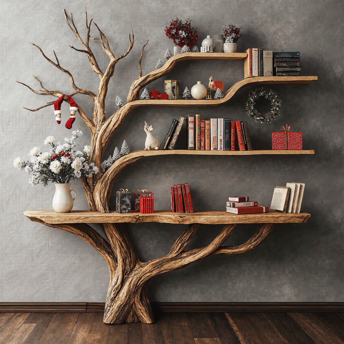 Live Edge Console Table with Tree Bookshelf, 2-in-1 Solid Wood